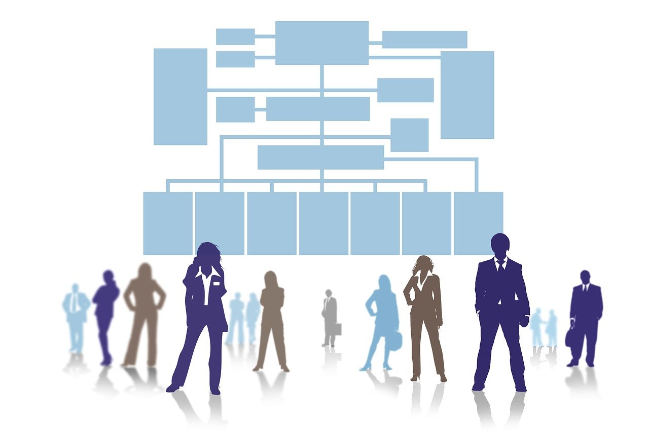 silhouettes of people with a large flowchart