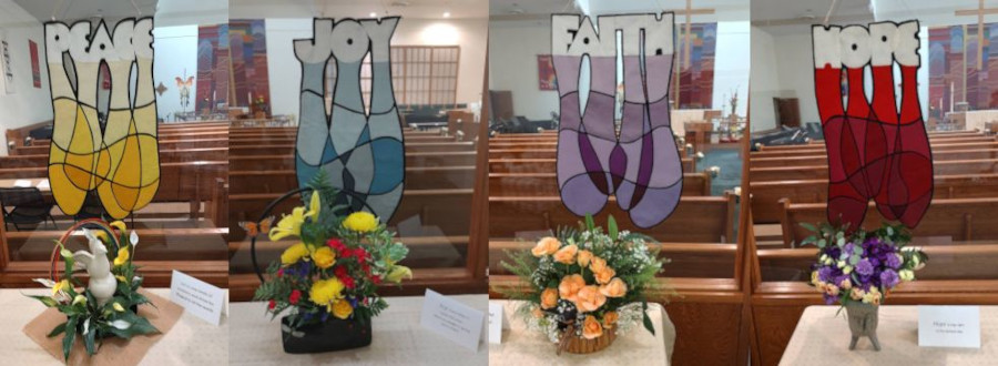 banners with the words "peace, joy, faith, love" with floral arrangements        